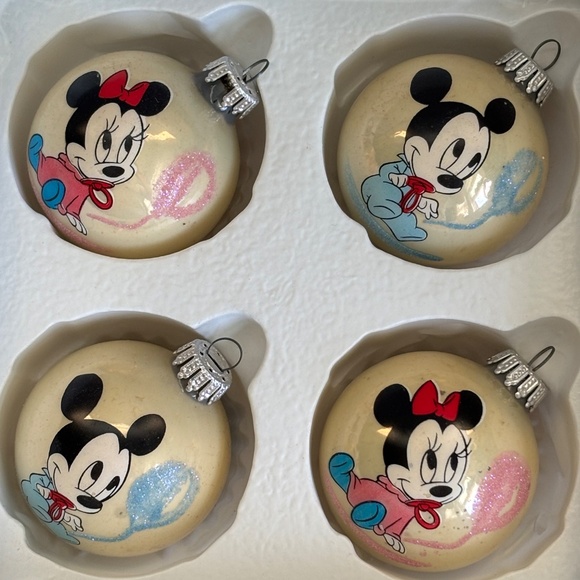 VINTAGE Walt DISNEY Baby MICKEY & MINNIE MOUSE Set 4 Glass Ball Ornaments BOX - Picture 5 of 13
